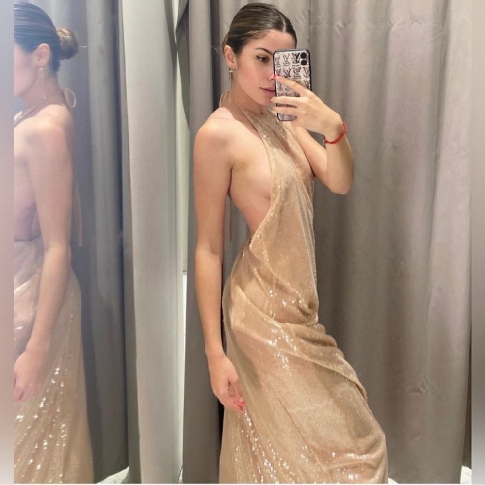 Zara beige pink waterfall sequin halter dress NWT
